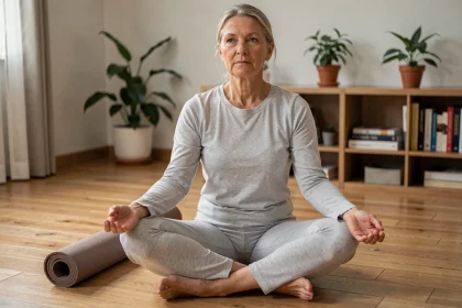 Femme d'une cinquantaine d'années pratiquant un étirement doux assis sur un plancher en bois pour soulager les douleurs articulaires