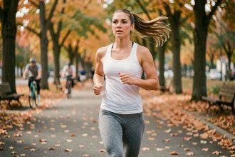 Femme qui fait du jogging dans un parc urbain en automne pour maintenir sa silhouette grâce à l'activité physique régulière