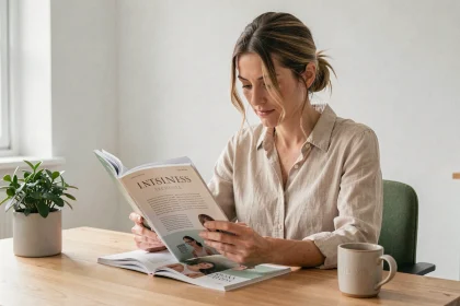 Femme lisant un magazine bien-être à son bureau à domicile, illustrant une consultation d'avis d'expert en santé et bien-être