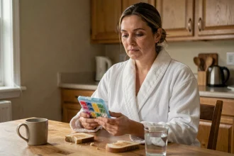 Femme atteinte d'une maladie auto-immune prenant ses médicaments quotidiens dans sa cuisine le matin