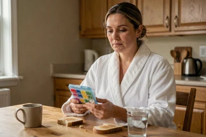Femme atteinte d'une maladie auto-immune prenant ses médicaments quotidiens dans sa cuisine le matin