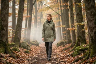 Femme marchant seule sur un sentier forestier en automne, entourée d'arbres et de feuilles dorées, illustrant les bienfaits de la marche en nature sur l'humeur