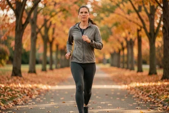 Femme marchant rapidement dans un parc en automne pour perdre du poids grâce à la marche rapide