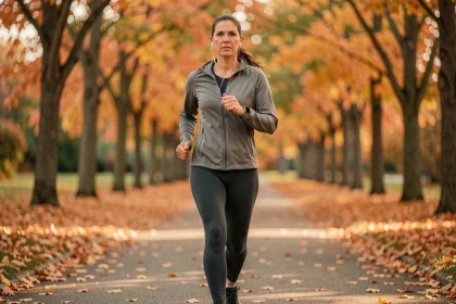 Femme marchant rapidement dans un parc en automne pour perdre du poids grâce à la marche rapide