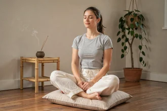 Femme en position de méditation assise sur un coussin en lin dans un coin minimaliste de son appartement