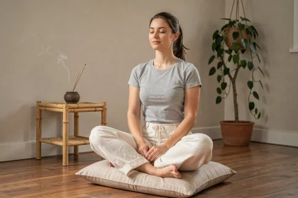 Femme en position de méditation assise sur un coussin en lin dans un coin minimaliste de son appartement