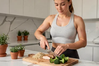 Femme athlétique préparant un repas riche en protéines maigres avec du poulet grillé et du quinoa dans une cuisine moderne