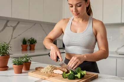 Femme athlétique préparant un repas riche en protéines maigres avec du poulet grillé et du quinoa dans une cuisine moderne