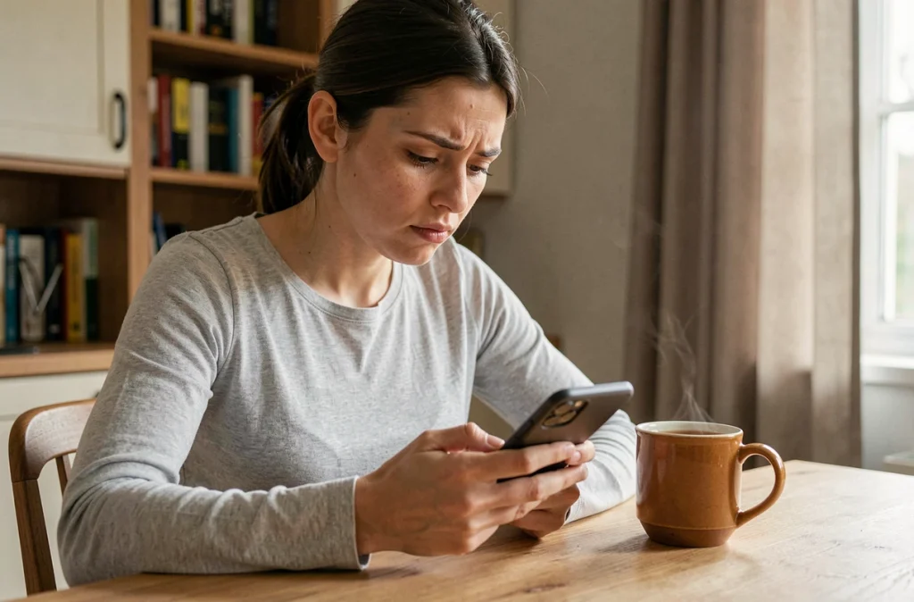 Femme se renseignant sur le retrait du stérilet sur son téléphone depuis chez elle