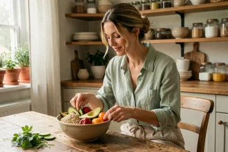 Femme préparant un repas équilibré et coloré dans une cuisine rustique pour une perte de poids durable