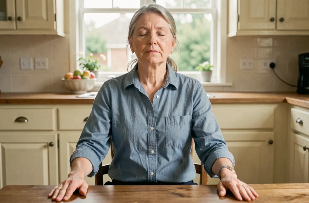 Femme d'une cinquantaine d'années pratiquant la respiration profonde assise à une table de cuisine dans un cadre domestique quotidien