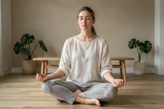Femme pratiquant la respiration profonde assise en tailleur sur un parquet en bois clair dans un salon minimaliste