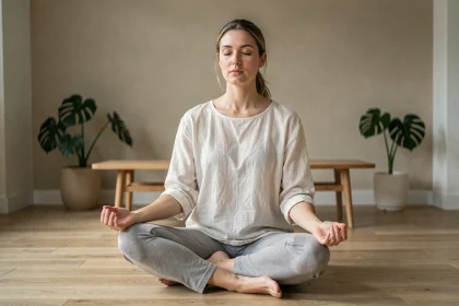 Femme pratiquant la respiration profonde assise en tailleur sur un parquet en bois clair dans un salon minimaliste