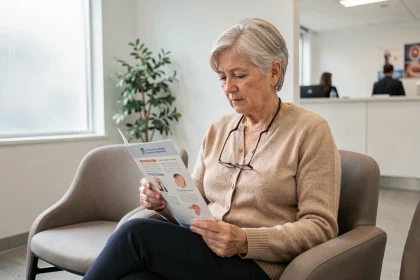 Femme retraitée aux cheveux argentés lisant une brochure sur le dépistage auditif dans une salle d'attente d'audiologie moderne