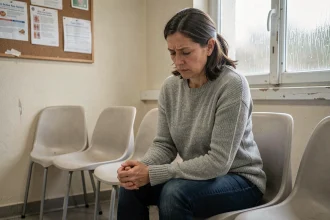 Femme fatiguée dans une salle d'attente médicale illustrant les difficultés de diagnostic de la fibromyalgie en France