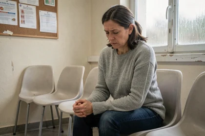 Femme fatiguée dans une salle d'attente médicale illustrant les difficultés de diagnostic de la fibromyalgie en France