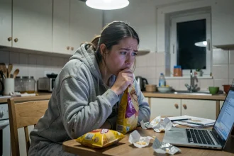 Femme stressée mangeant des chips tard le soir dans une cuisine encombrée, illustrant le lien entre stress et grignotage compulsif