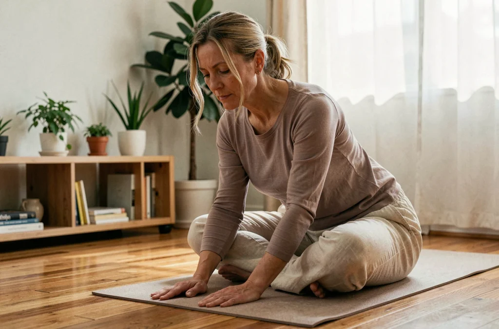 Femme pratiquant le yoga doux à domicile pour gérer les symptômes d'une maladie auto-immune au quotidien