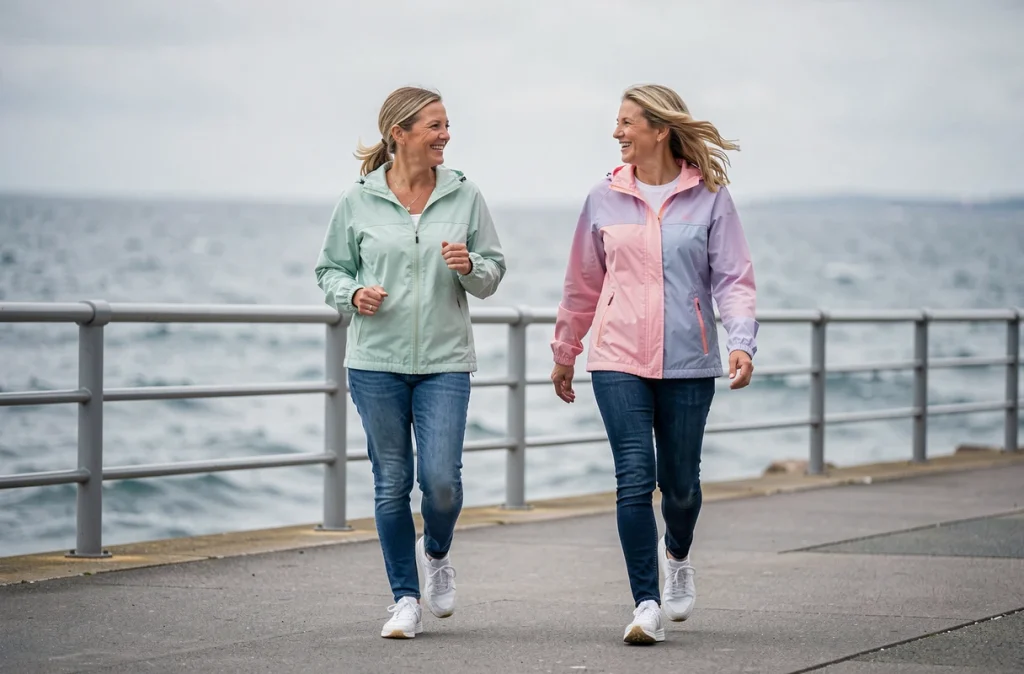 Deux femmes marchant rapidement ensemble sur un front de mer pour maigrir grâce à l'exercice physique régulier
