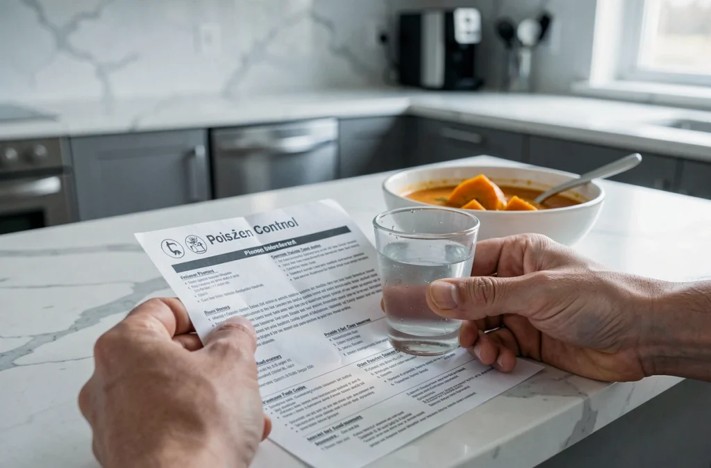 Mains tenant un verre d'eau et une fiche d'information toxicologique près d'un bol de soupe de potimarron