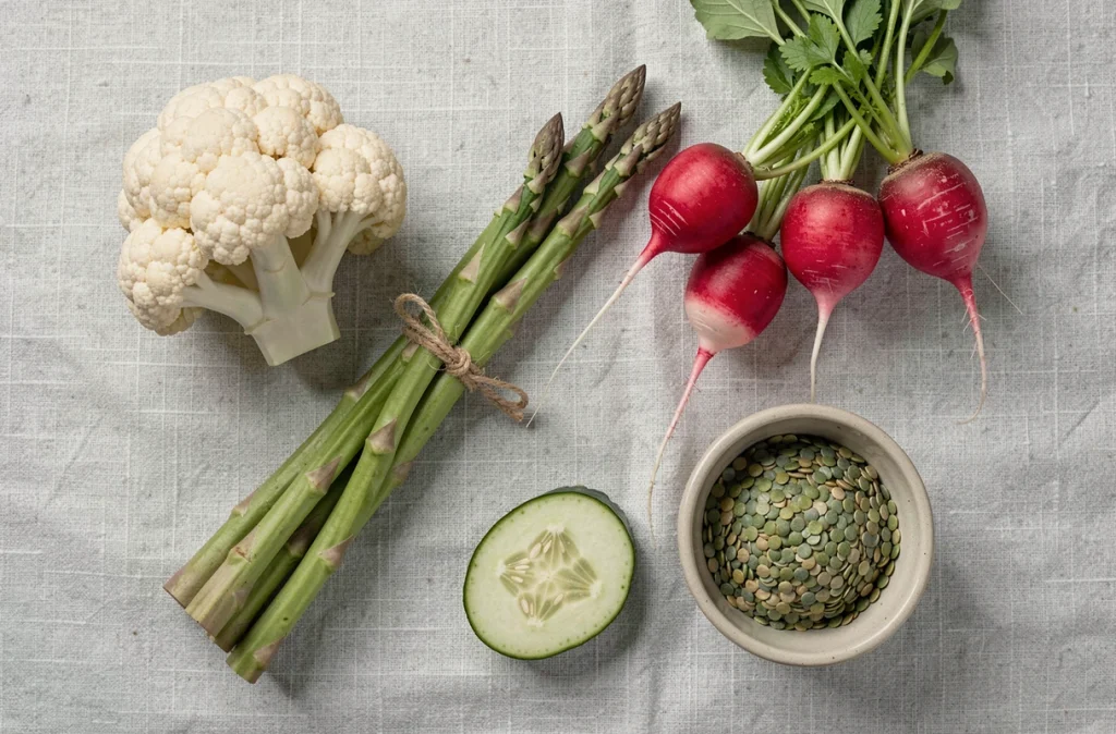 Vue du dessus de légumes bruts riches en fibres pour contrôler l'appétit — chou-fleur, asperges, radis, concombre et lentilles sur lin gris