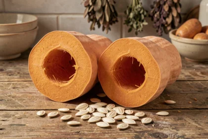 Graines de potimarron crues et courge coupée en deux sur une table en bois rustique