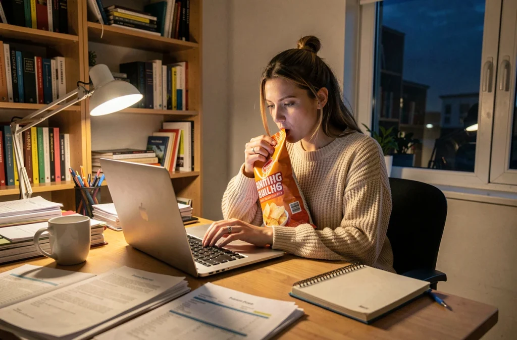 Femme mangeant des chips distraitement devant son ordinateur tard le soir, illustrant le grignotage émotionnel et les mauvaises habitudes qui freinent la perte de poids