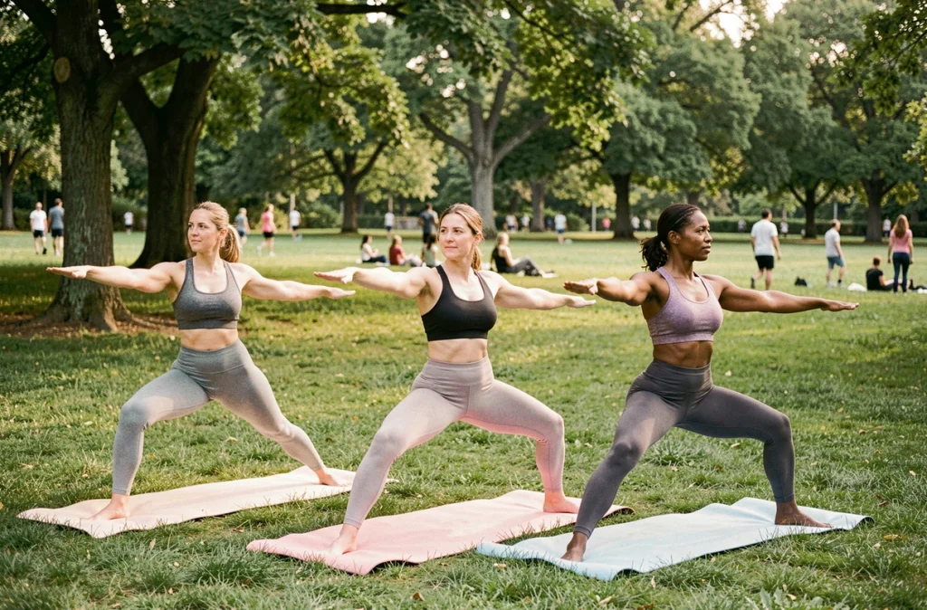 Groupe de femmes pratiquant le yoga en plein air dans un parc, illustrant les bienfaits de l'activité physique régulière sur la minceur