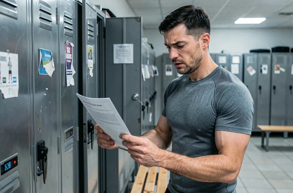 Homme consultant des résultats médicaux dans un vestiaire sportif, symbolisant le suivi des déséquilibres hormonaux chez l'homme