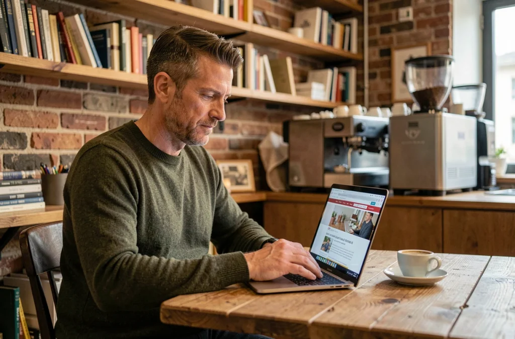 Homme consultant un blog d'expertise bien-être sur son ordinateur dans un café, représentant la recherche d'informations fiables en ligne