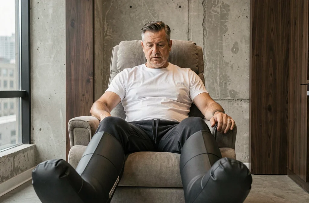 Homme assis avec des bottes de pressothérapie gonflables dans un centre de bien-être urbain moderne