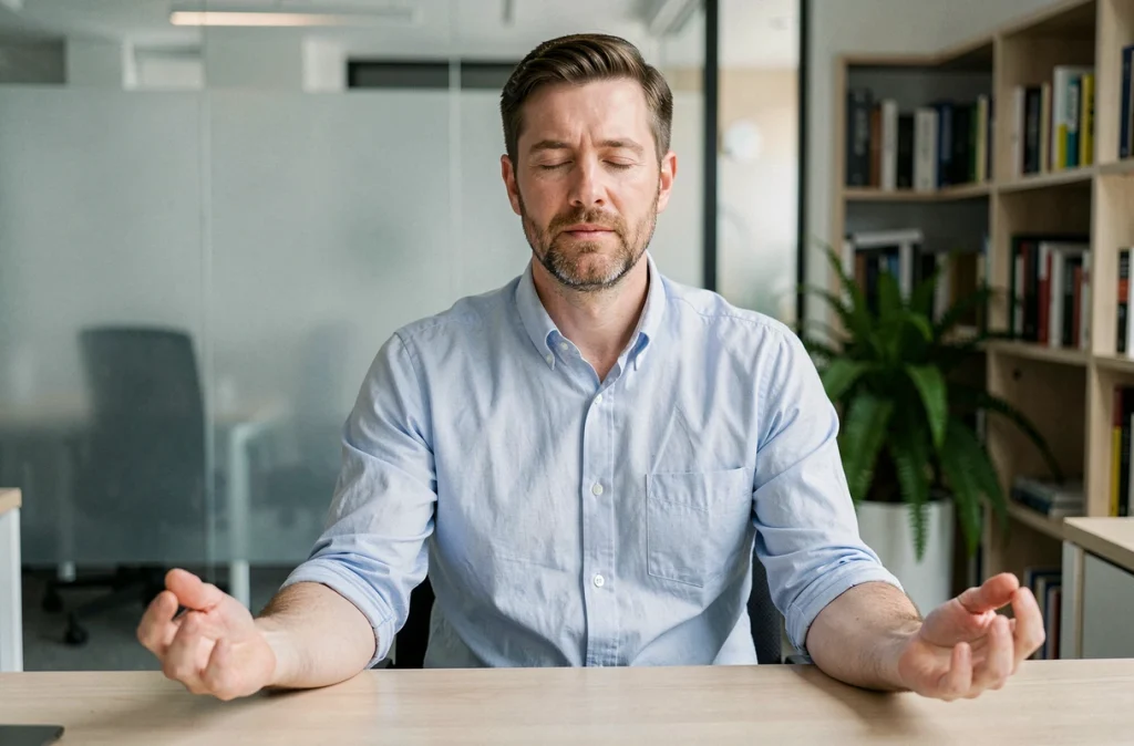 Homme en pause au bureau pratiquant la respiration de cohérence cardiaque pour réduire le stress au travail