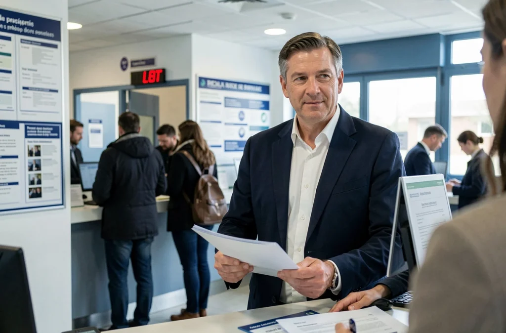 Homme déposant ses documents pour une carte Vitale dans un bureau administratif