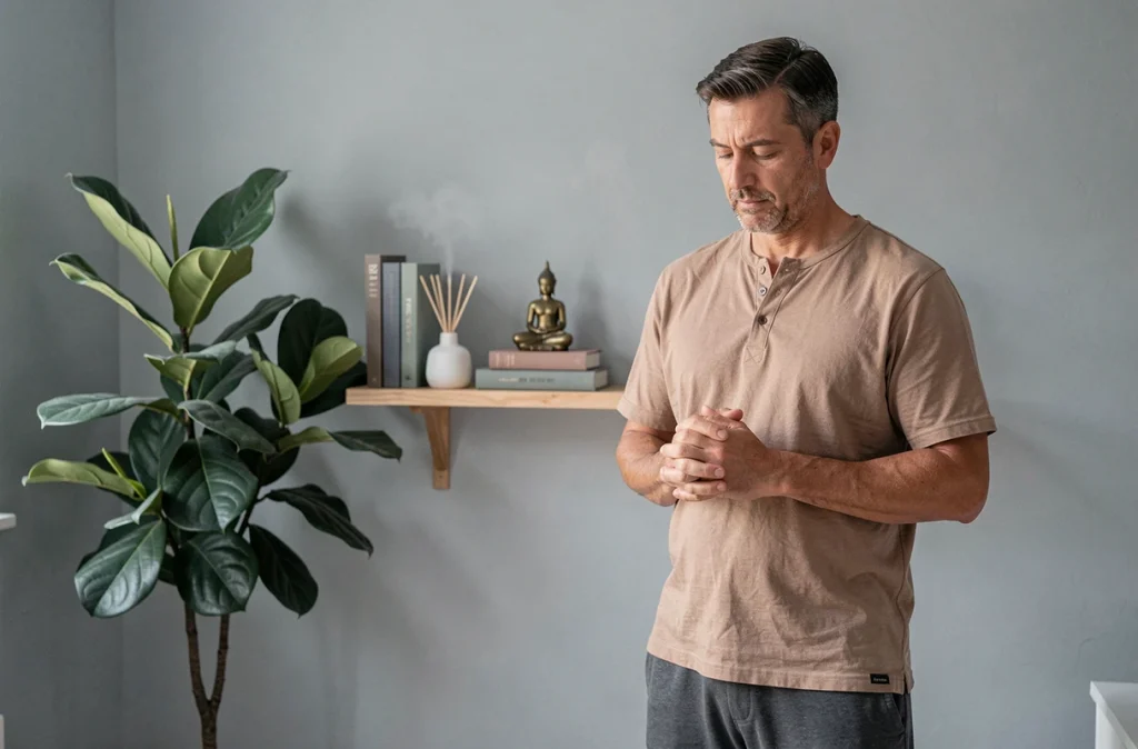 Homme debout dans un espace de méditation aménagé à domicile avec étagère en bois et diffuseur d'arômes