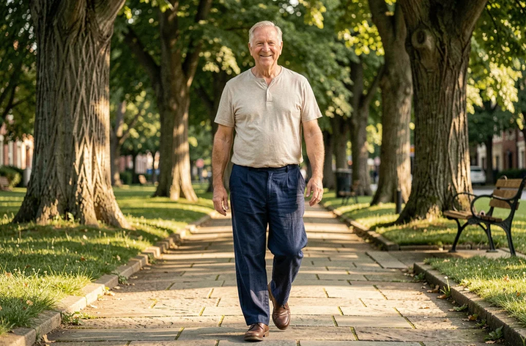 Homme âgé marchant tranquillement dans un parc pour pratiquer une activité physique douce bénéfique aux articulations