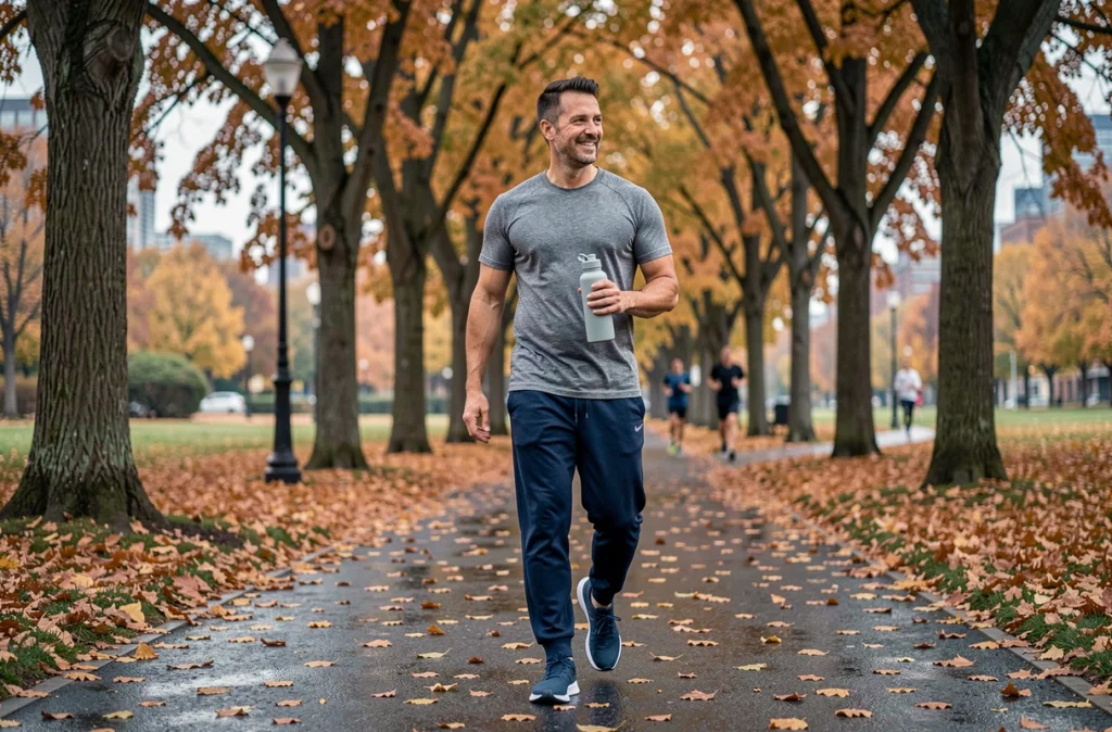 Homme marchant dans un parc en automne dans le cadre d'une routine minceur saine et durable