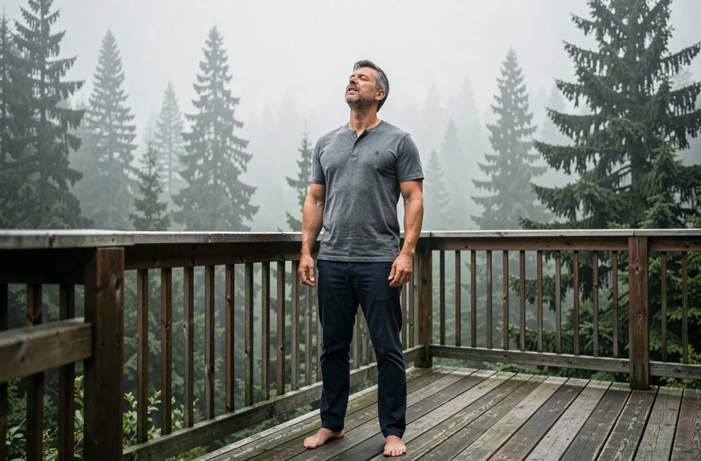 Homme pratiquant la respiration consciente sur une terrasse en bois face à une forêt de pins dans la brume matinale