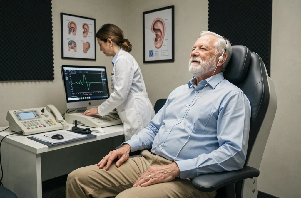Homme retraité passant un test auditif avec une audiologiste dans un cabinet médical équipé d'audiomètre