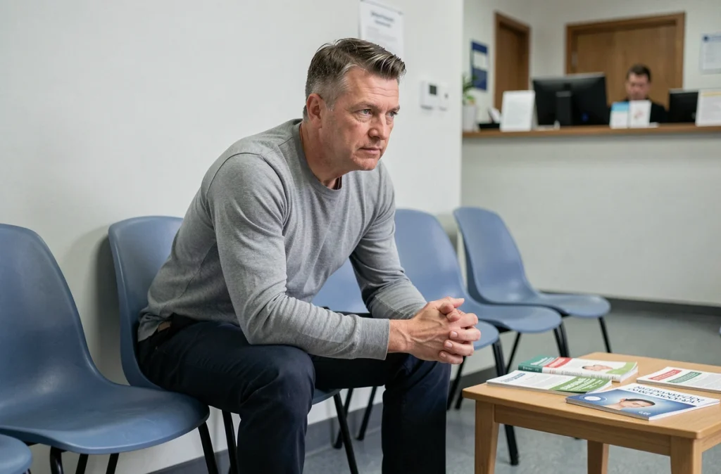Homme vivant avec une maladie auto-immune dans une salle d'attente médicale, illustrant le suivi médical régulier
