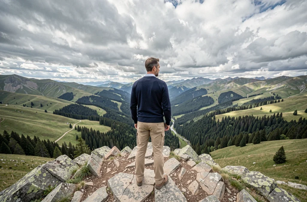 Homme au sommet d'une colline contemplant un paysage de vallée verdoyante, pause en randonnée symbolisant la sérénité apportée par la marche en pleine nature