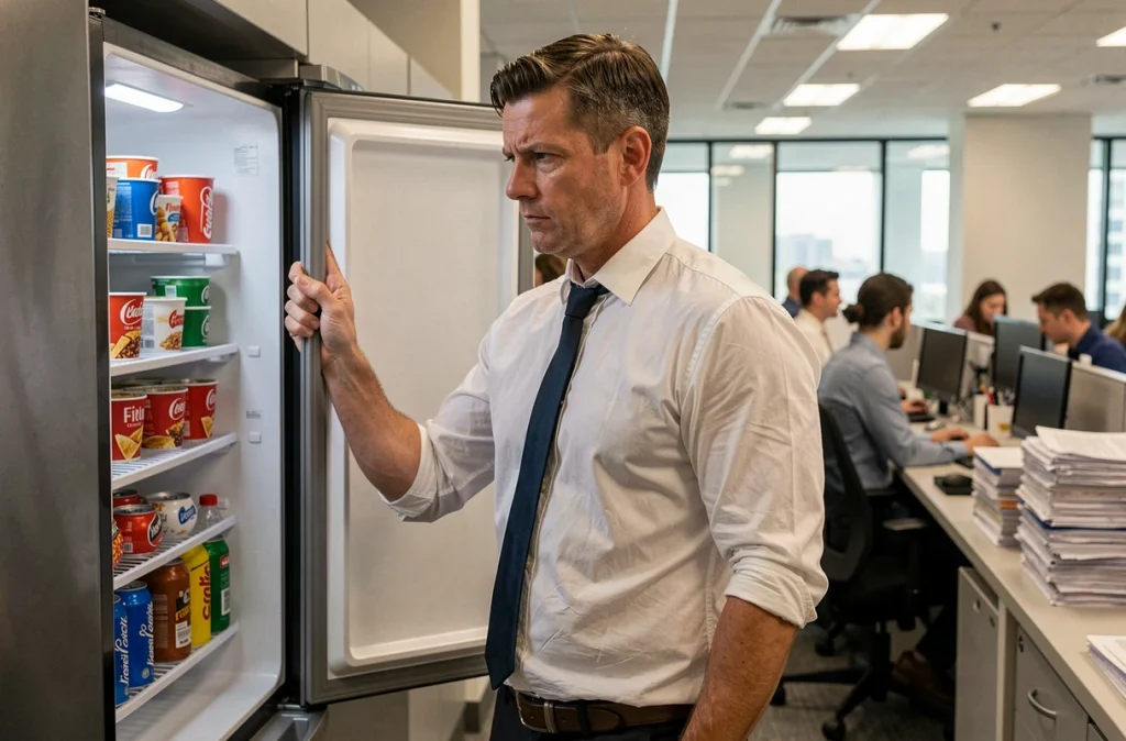 Homme en costume stressé face à un réfrigérateur dans une salle de pause de bureau, symbolisant le stress professionnel et la mauvaise alimentation