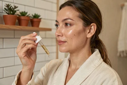 Femme appliquant un sérum hydratant naturel sur le visage dans une salle de bain minimaliste