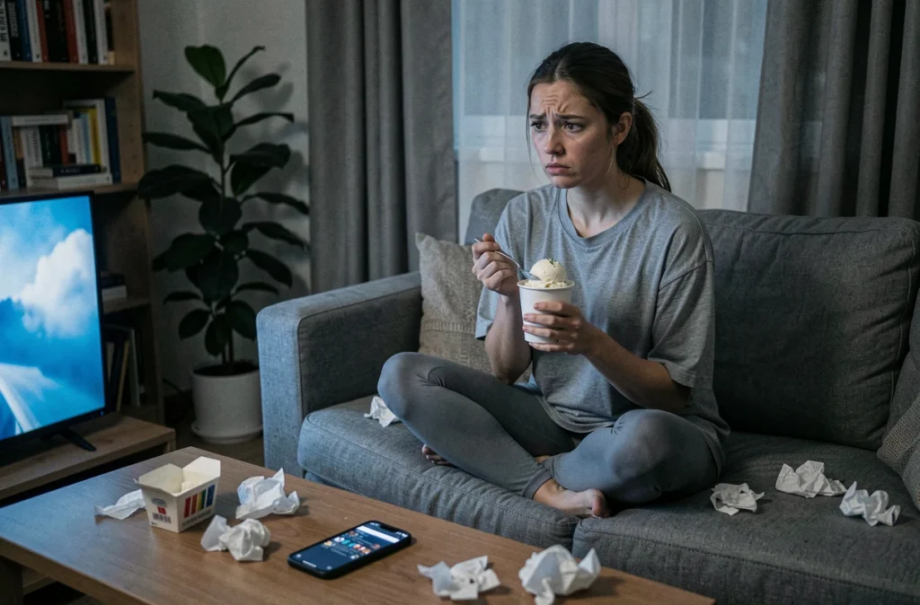Jeune femme épuisée mangeant de la glace seule sur un canapé le soir, représentant le lien entre stress émotionnel et prise de poids