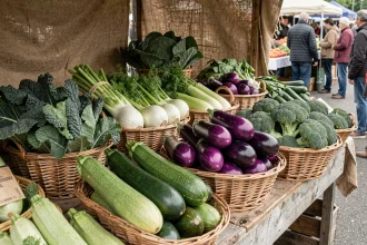 Étalage de marché fermier avec des légumes frais variés pour contrôler l'appétit — kale, courgettes, aubergines et brocolis dans des paniers en osier