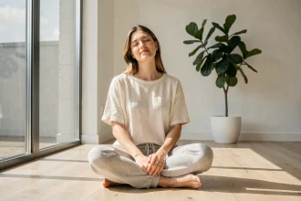 Femme sereine méditant près d'une grande fenêtre baignée de lumière naturelle dans un intérieur minimaliste