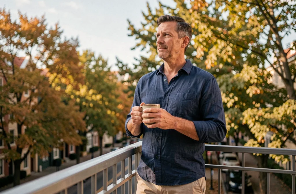 Homme détendu savourant un café sur un balcon ensoleillé en automne, lumière naturelle du matin