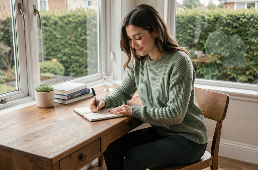 Jeune femme concentrée travaillant à son bureau près d'une fenêtre lumineuse, lumière naturelle favorisant la productivité