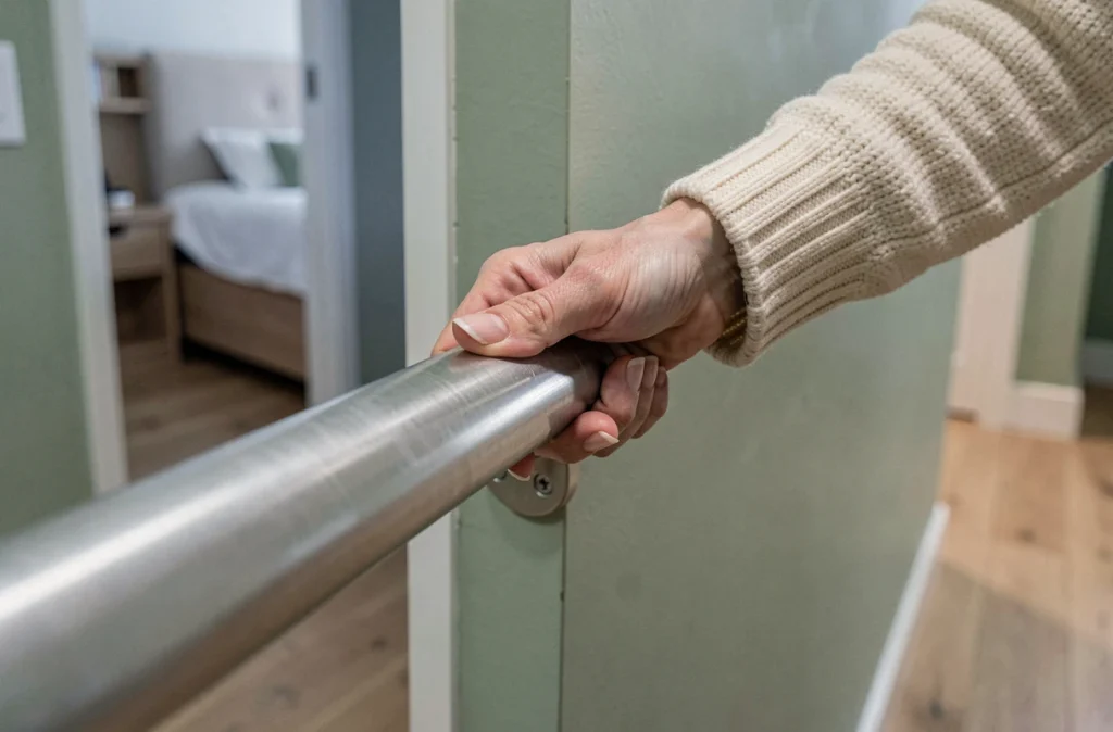 Mains d'une femme âgée saisissant un rail d'appui dans un couloir aménagé pour la sécurité à domicile