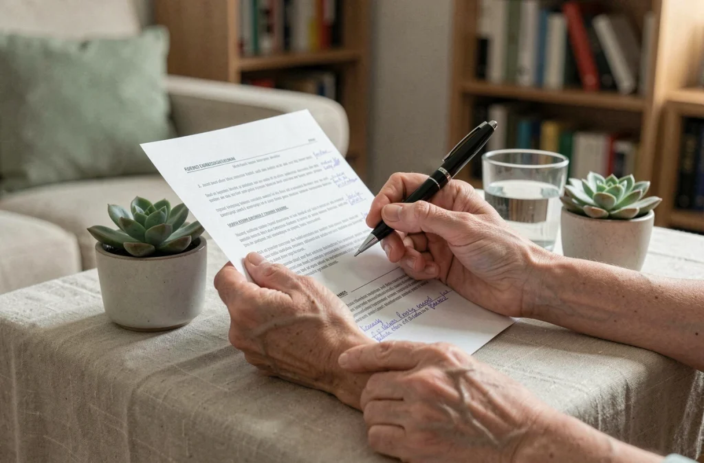 Mains annotant un article imprimé sur le bien-être à domicile, symbolisant l'analyse critique et la fiabilité des ressources santé en ligne