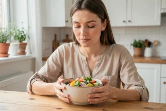 Femme pratiquant la pleine conscience avant de manger, tenant un bol de salade colorée dans une cuisine scandinave lumineuse